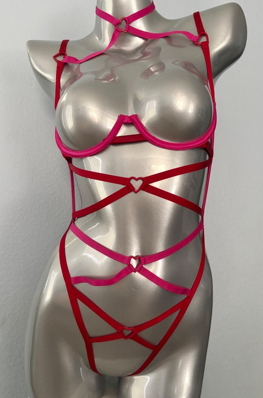 Victoria's Secret Open Strappy Pink & Red Heart Bodysuit Teddy XL